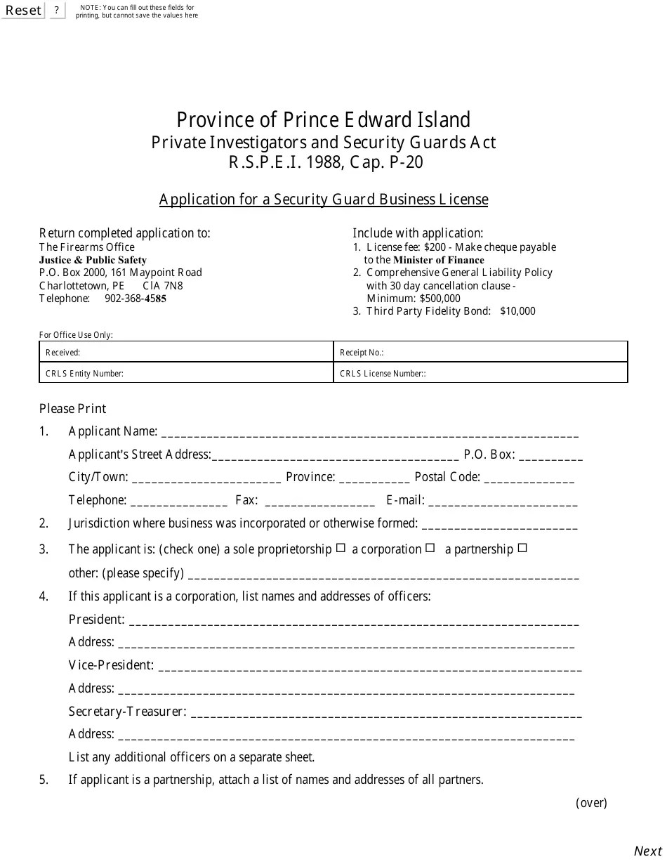 Prince Edward Island Canada Application for a Security Guard Business