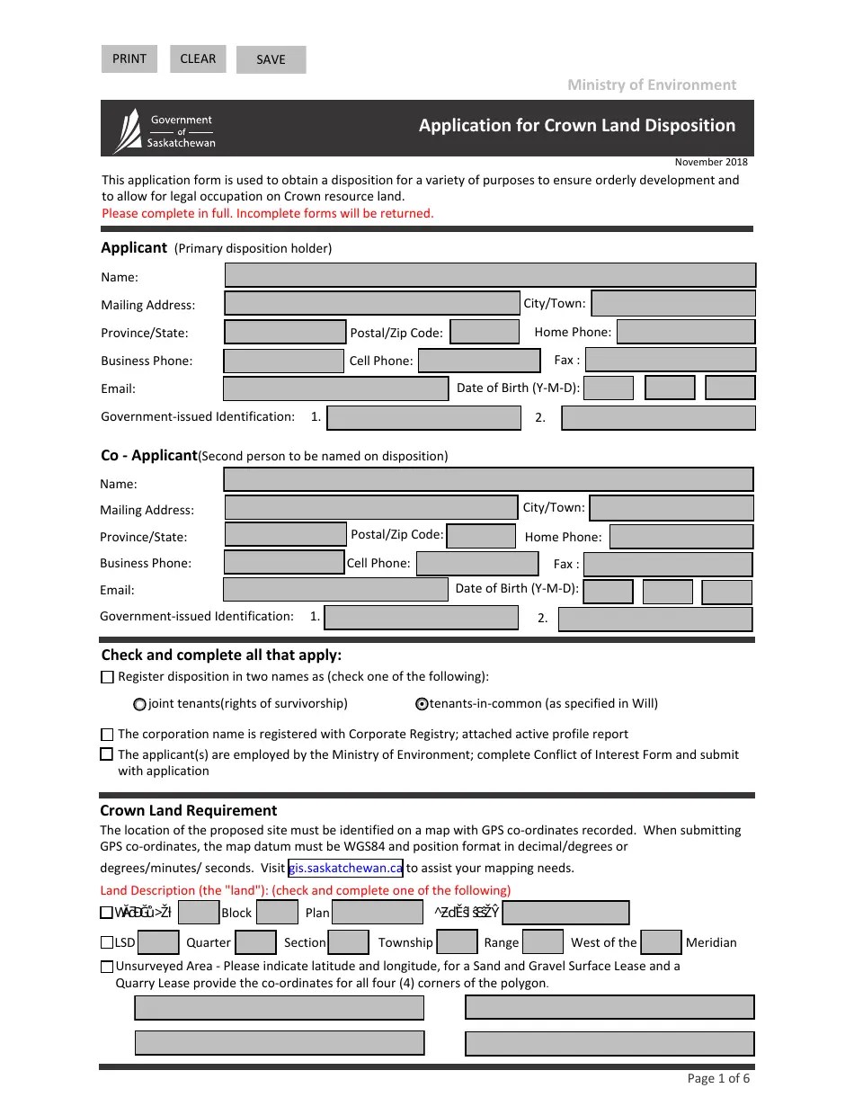 Saskatchewan Canada Application for Crown Land Disposition Fill Out
