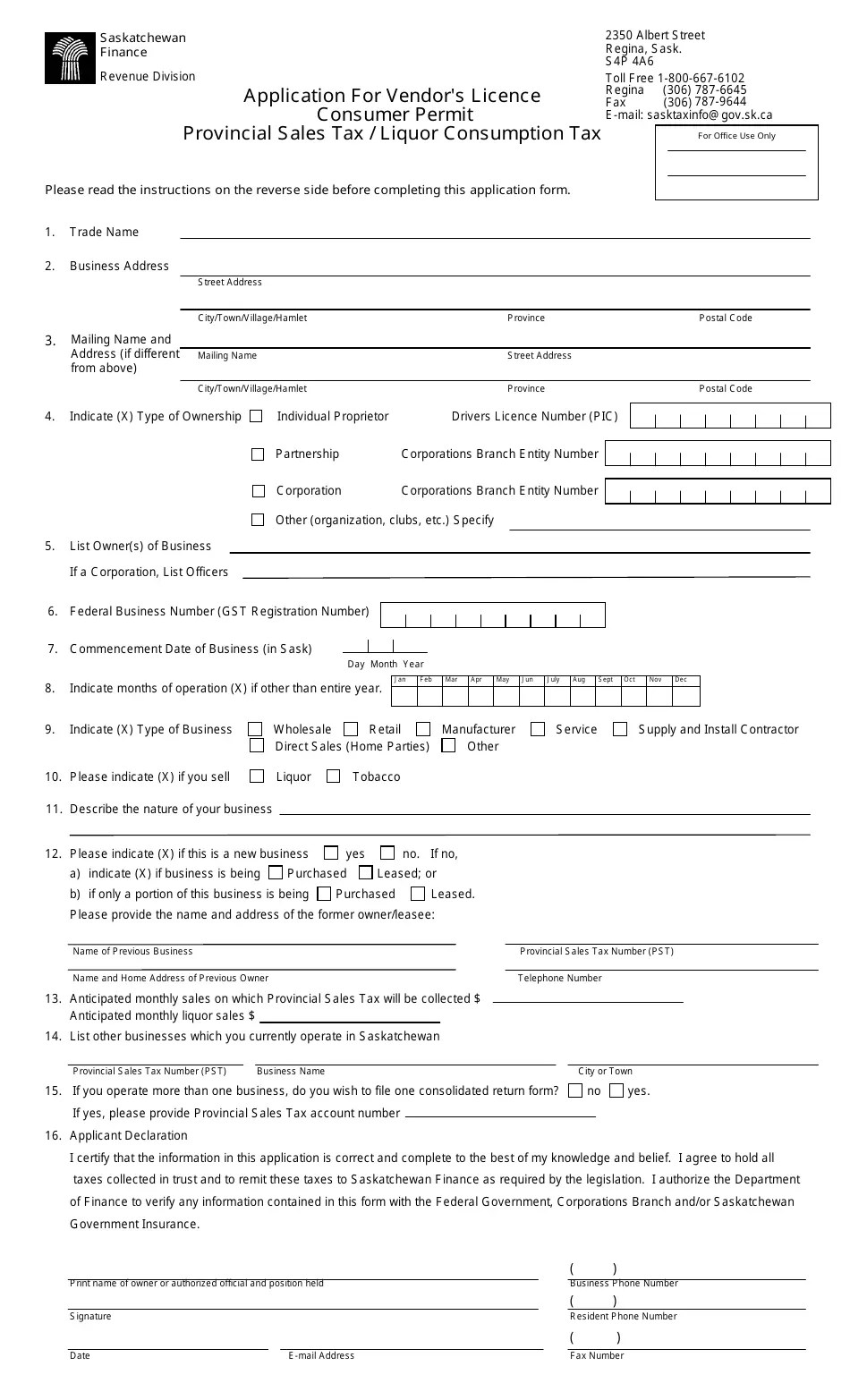 Saskatchewan Canada Application for Vendor's Licence Consumer Permit