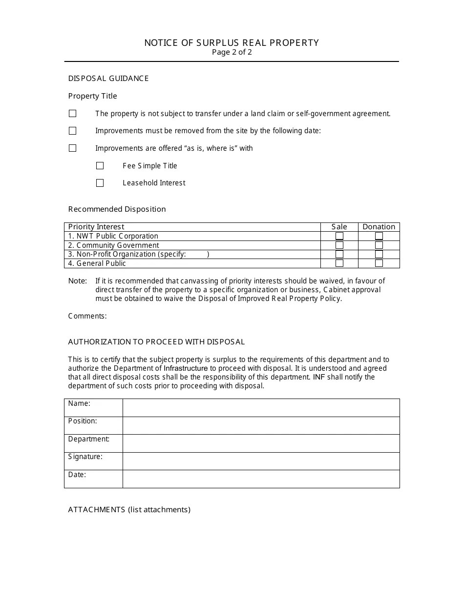 Northwest Territories Canada Notice of Surplus Real Property Fill Out