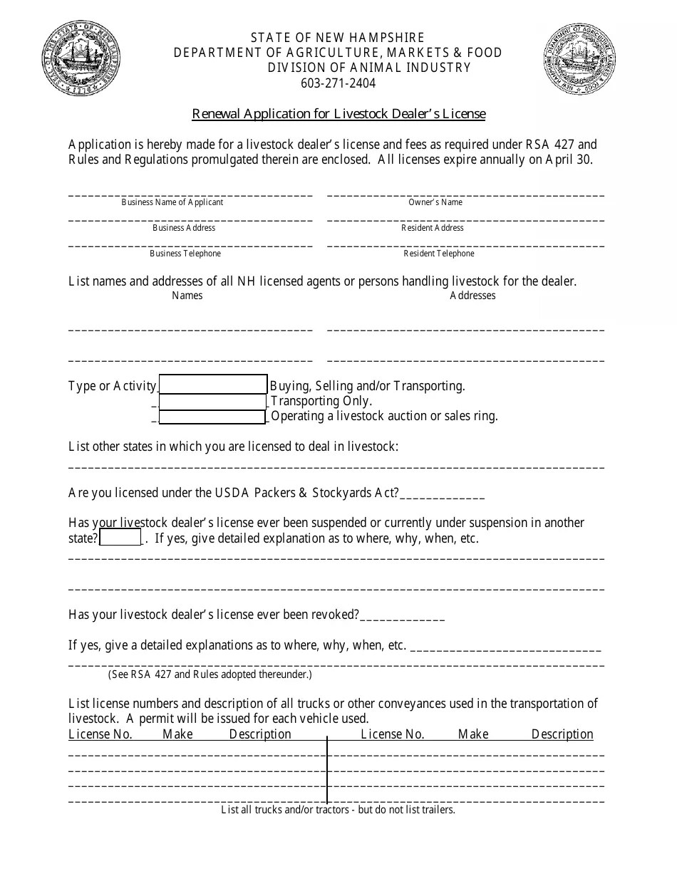 New Hampshire Renewal Application for Livestock Dealer's License Fill