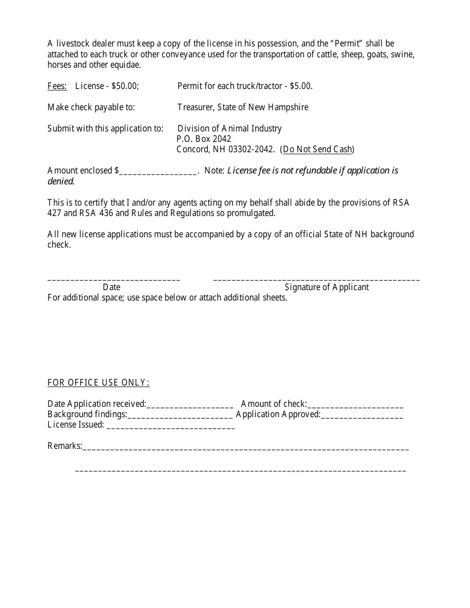 New Hampshire Renewal Application for Livestock Dealer's License Fill