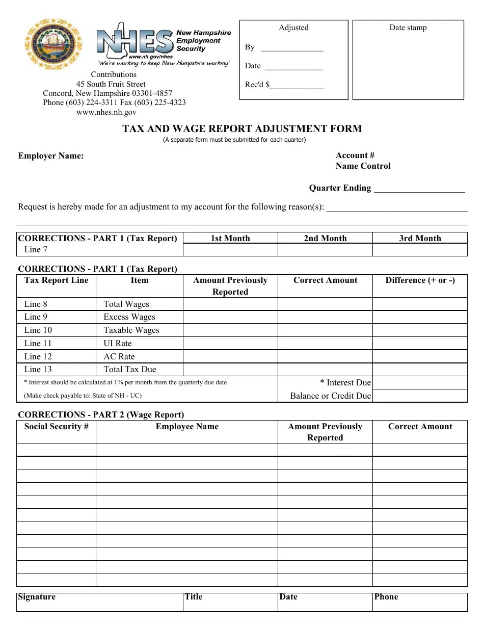 New Hampshire Tax and Wage Report Adjustment Form Fill Out, Sign
