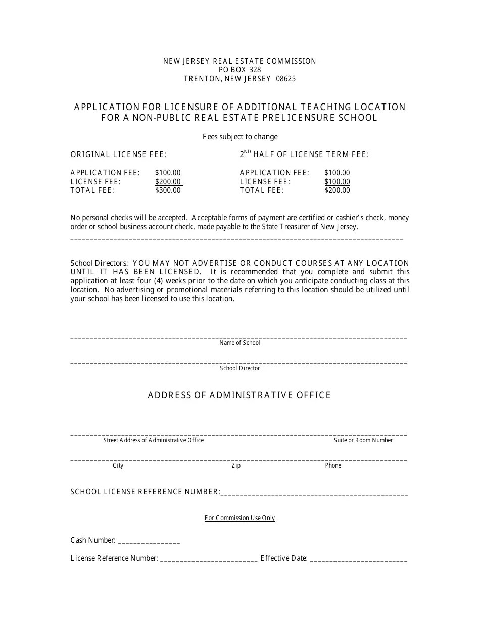 New Jersey Application for Licensure of Additional Teaching Location