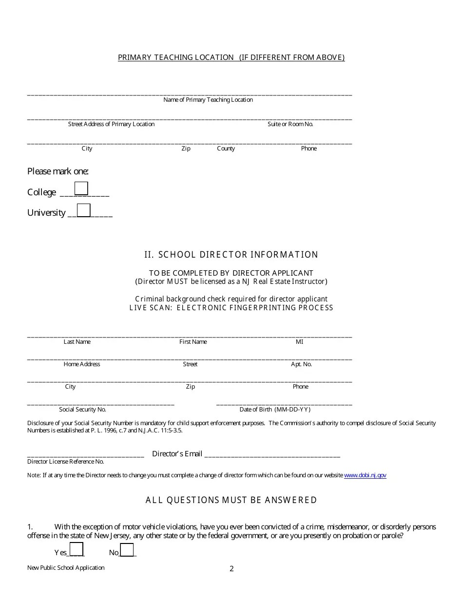 New Jersey Application for Real Estate School License for Public School