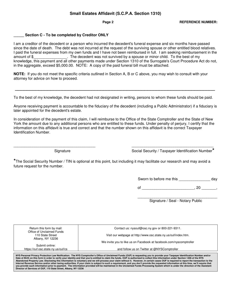 New York Small Estates Affidavit (S.c.p.a. Section 1310) Fill Out