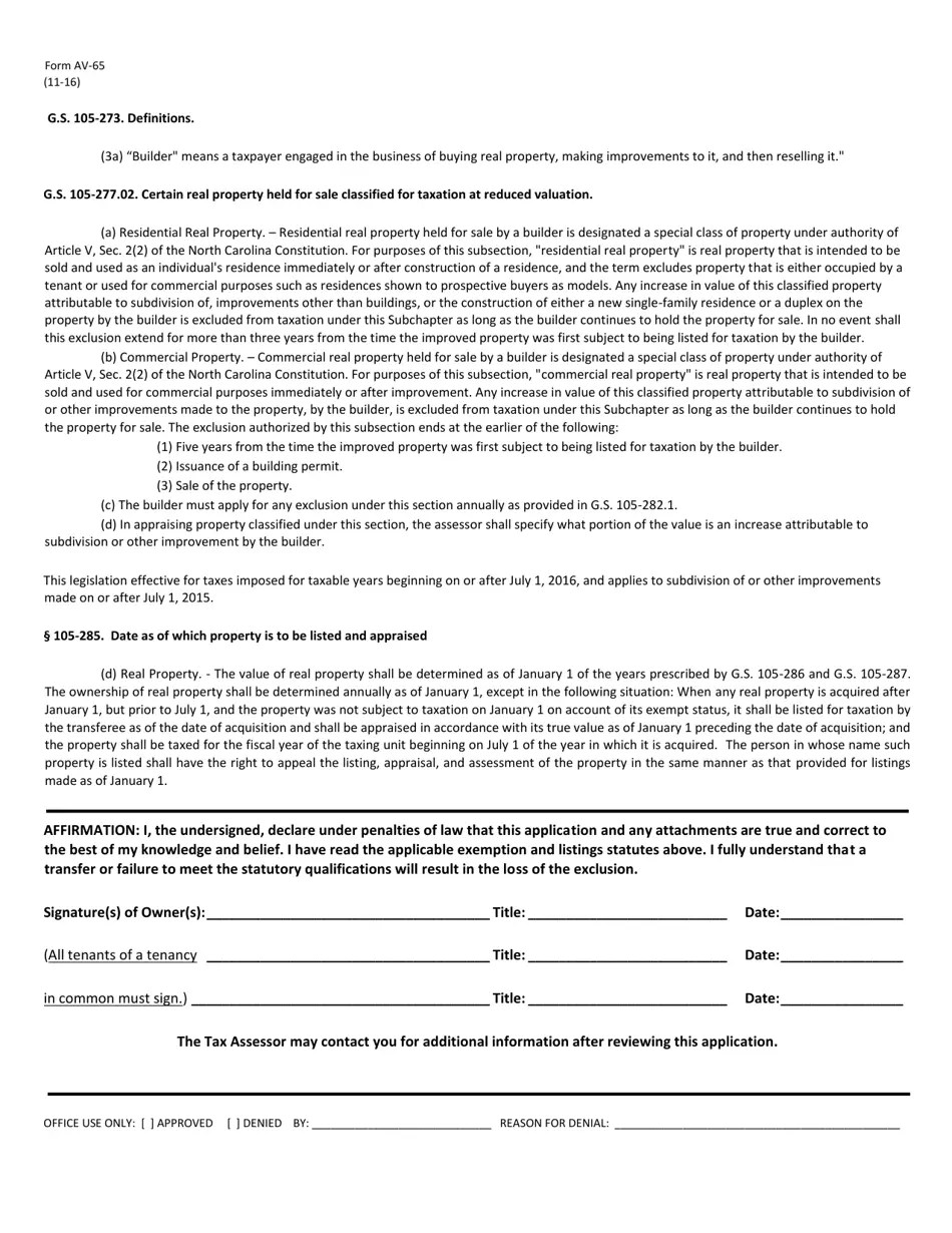 Form AV65 Fill Out, Sign Online and Download Fillable PDF, North