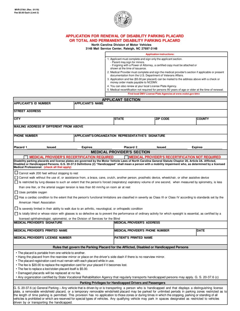 Form MVR37AA Fill Out, Sign Online and Download Fillable PDF, North