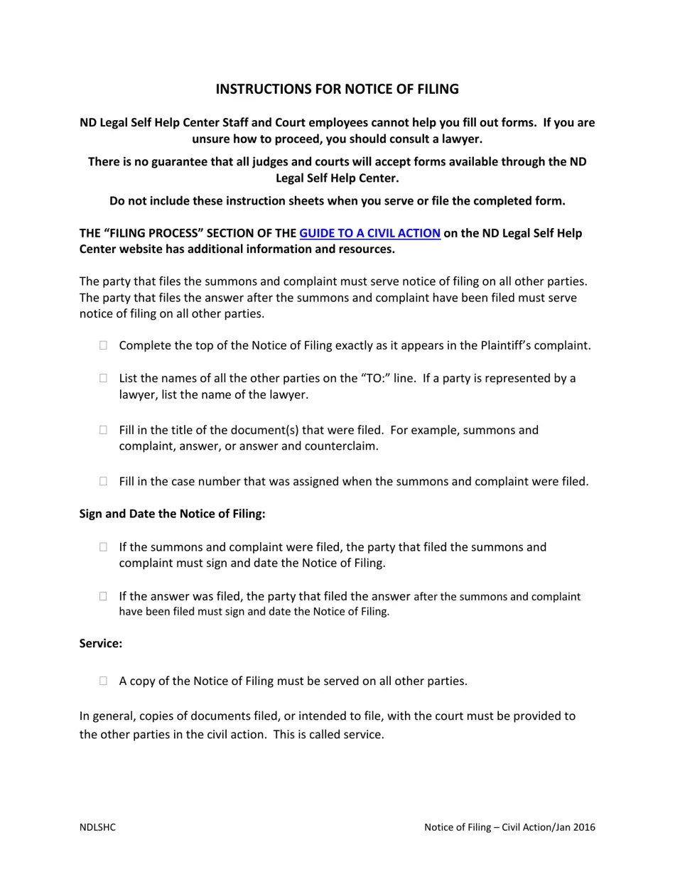 North Dakota Notice of Filing Fill Out, Sign Online and Download PDF