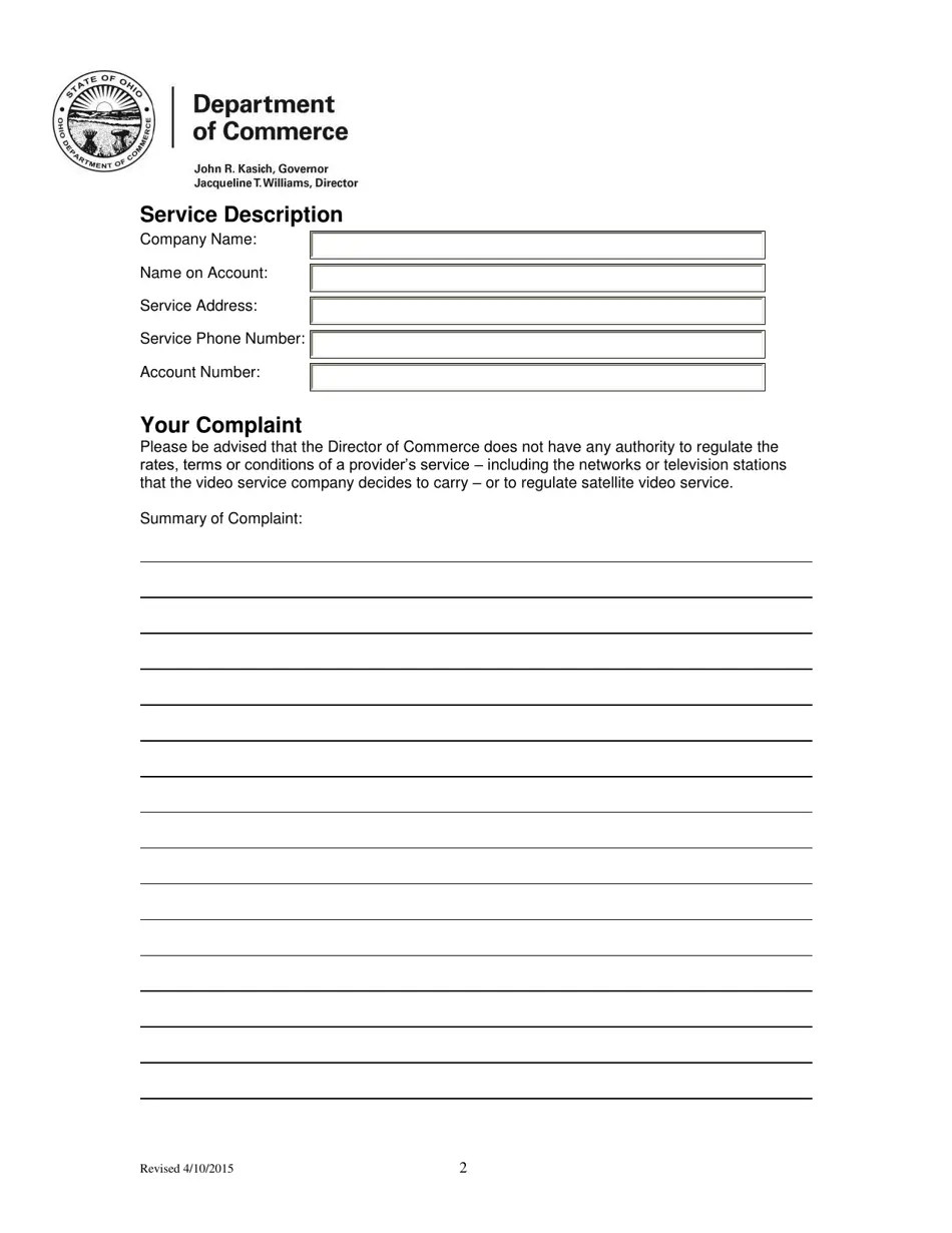Ohio Video Service Complaint Form Download Printable PDF Templateroller