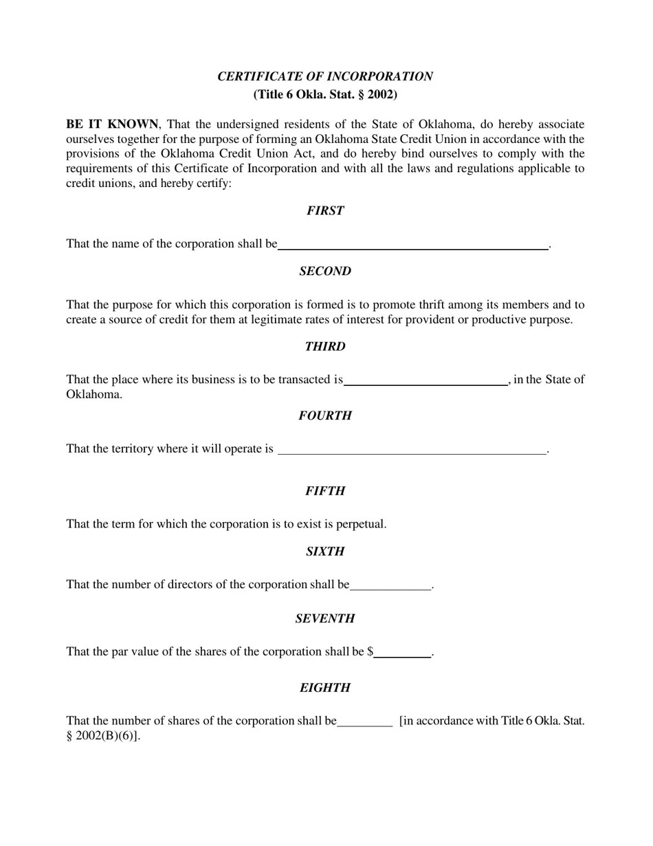 Oklahoma Certificate of Incorporation Fill Out, Sign Online and
