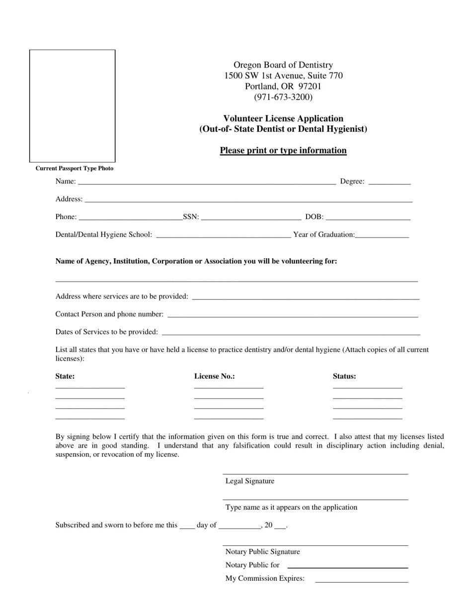 Oregon Volunteer License Application (OutOf State Dentist or Dental Hygienist) Fill Out