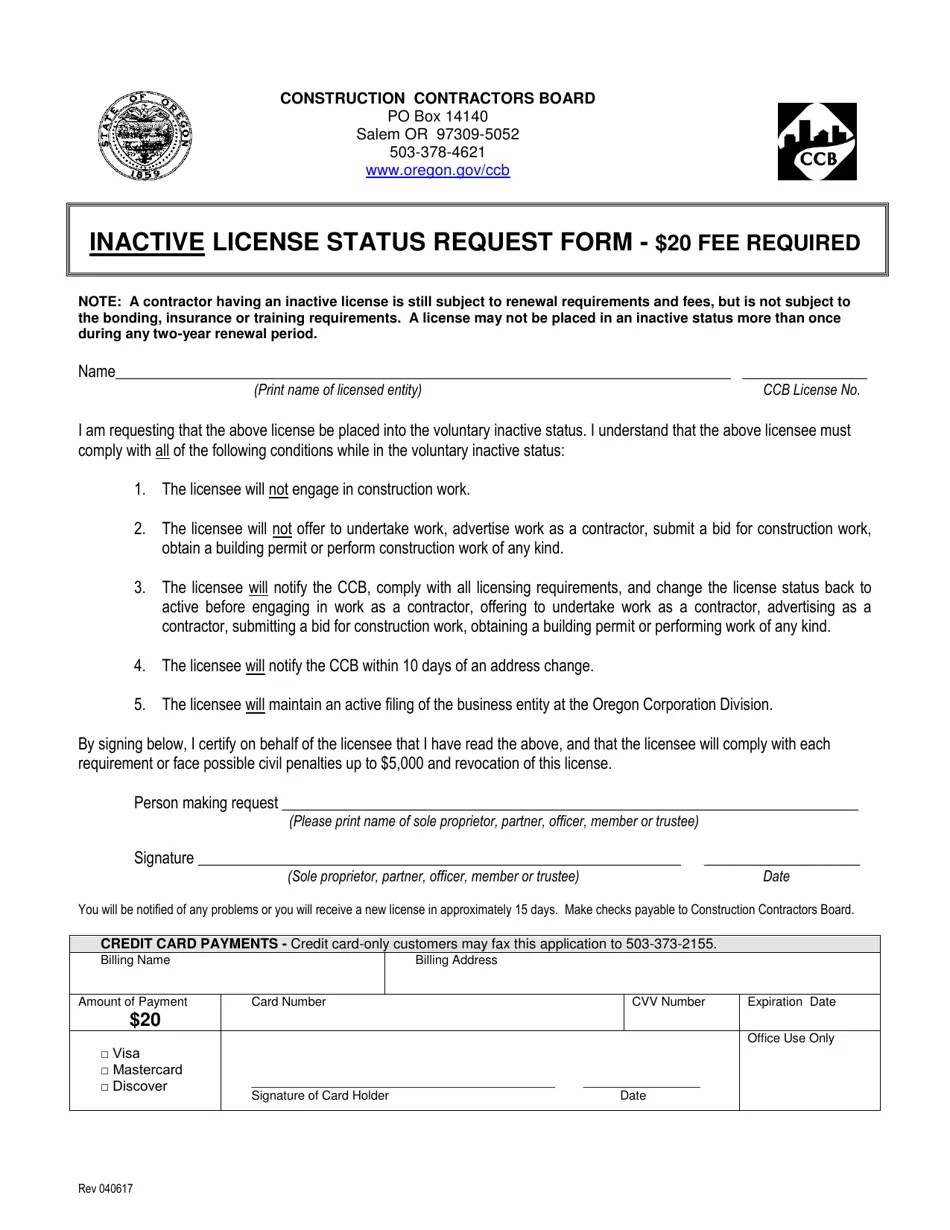 Oregon Inactive License Status Request Form Fill Out, Sign Online and Download PDF