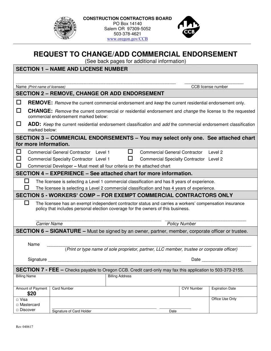 Oregon Request to Change/Add Commercial Endorsement Fill Out, Sign