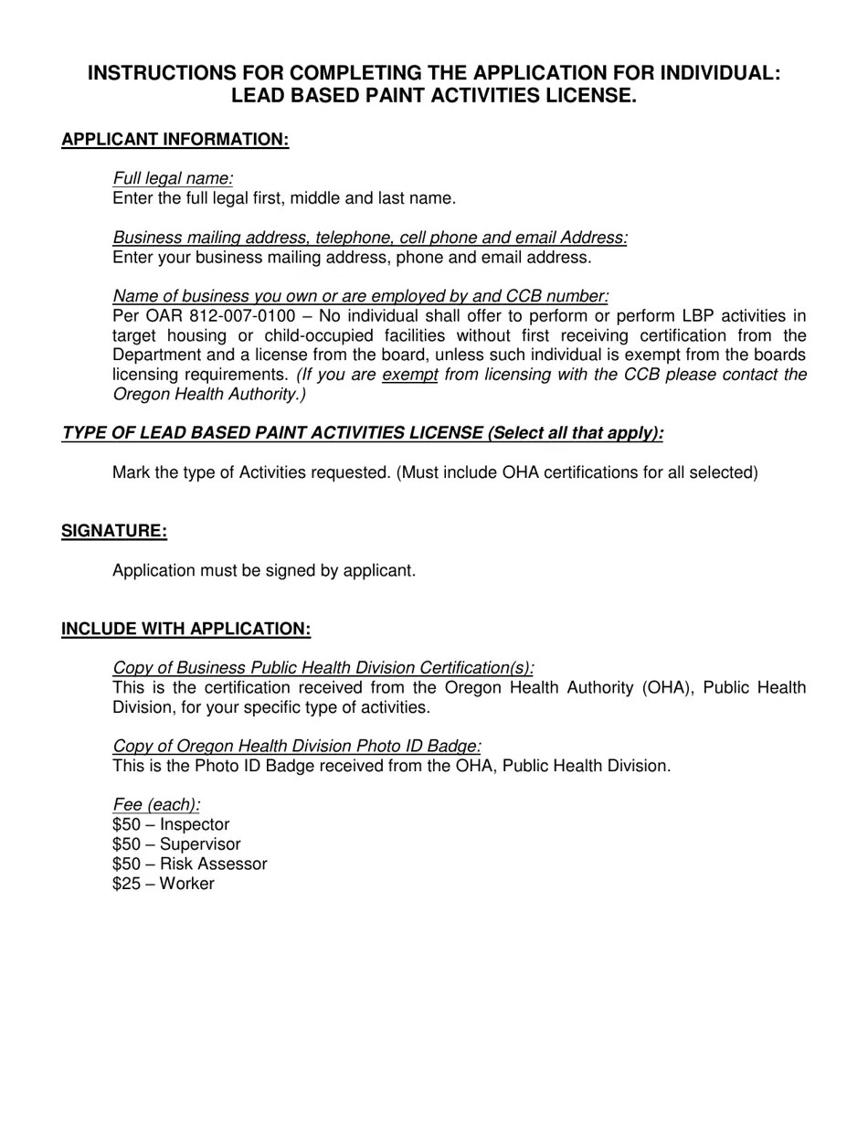 Oregon Application for Individual Lead Based Paint Activities License Download Printable PDF