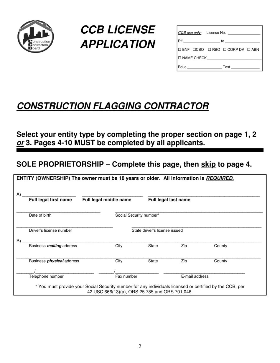 Oregon Construction Flagging Contractor License Application Fill Out