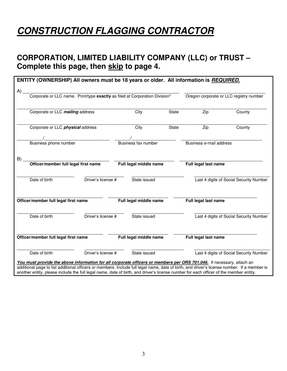 Oregon Construction Flagging Contractor License Application Fill Out