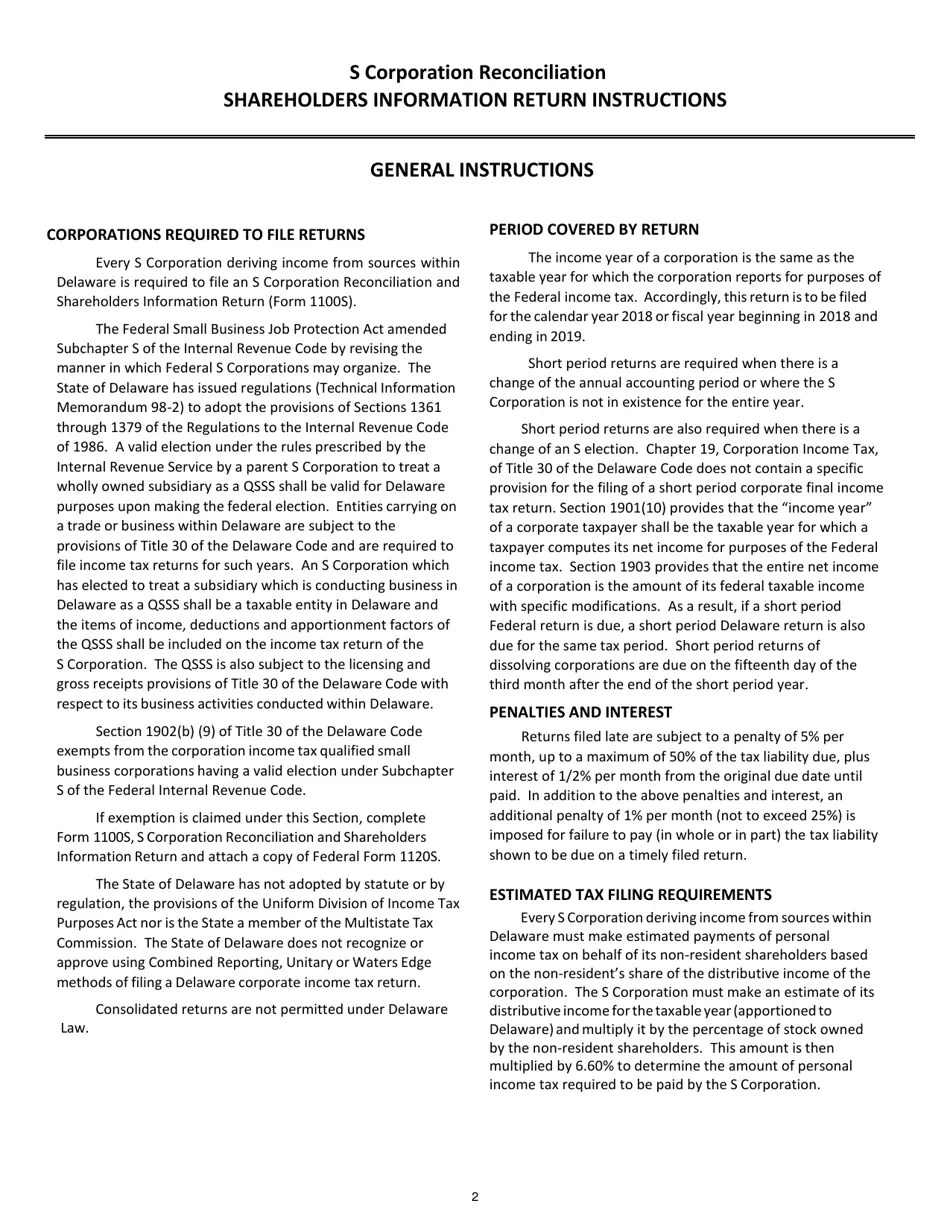 Download Instructions for Form 1100S S Corporation Reconciliation and