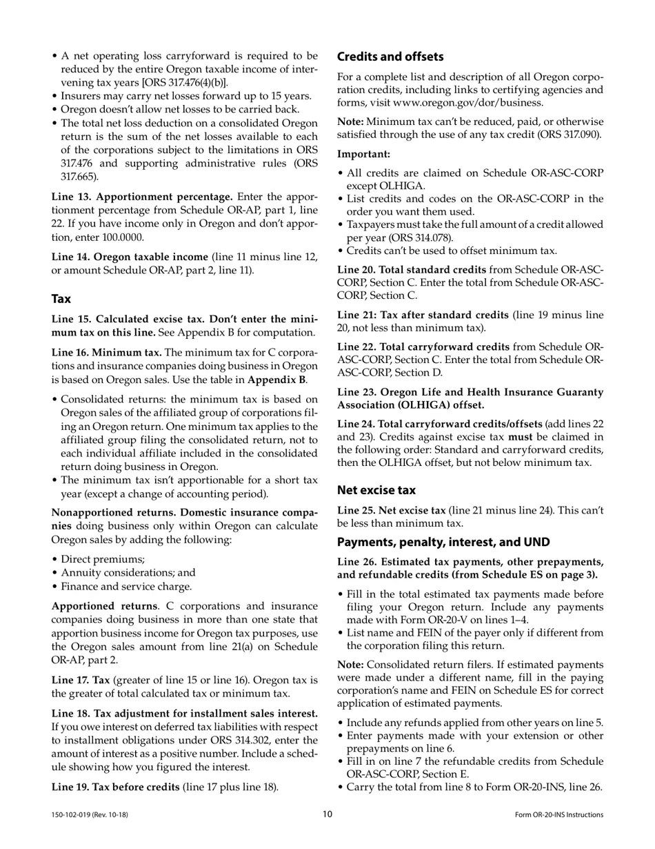 Download Instructions for Form OR20INS Oregon Insurance Excise Tax