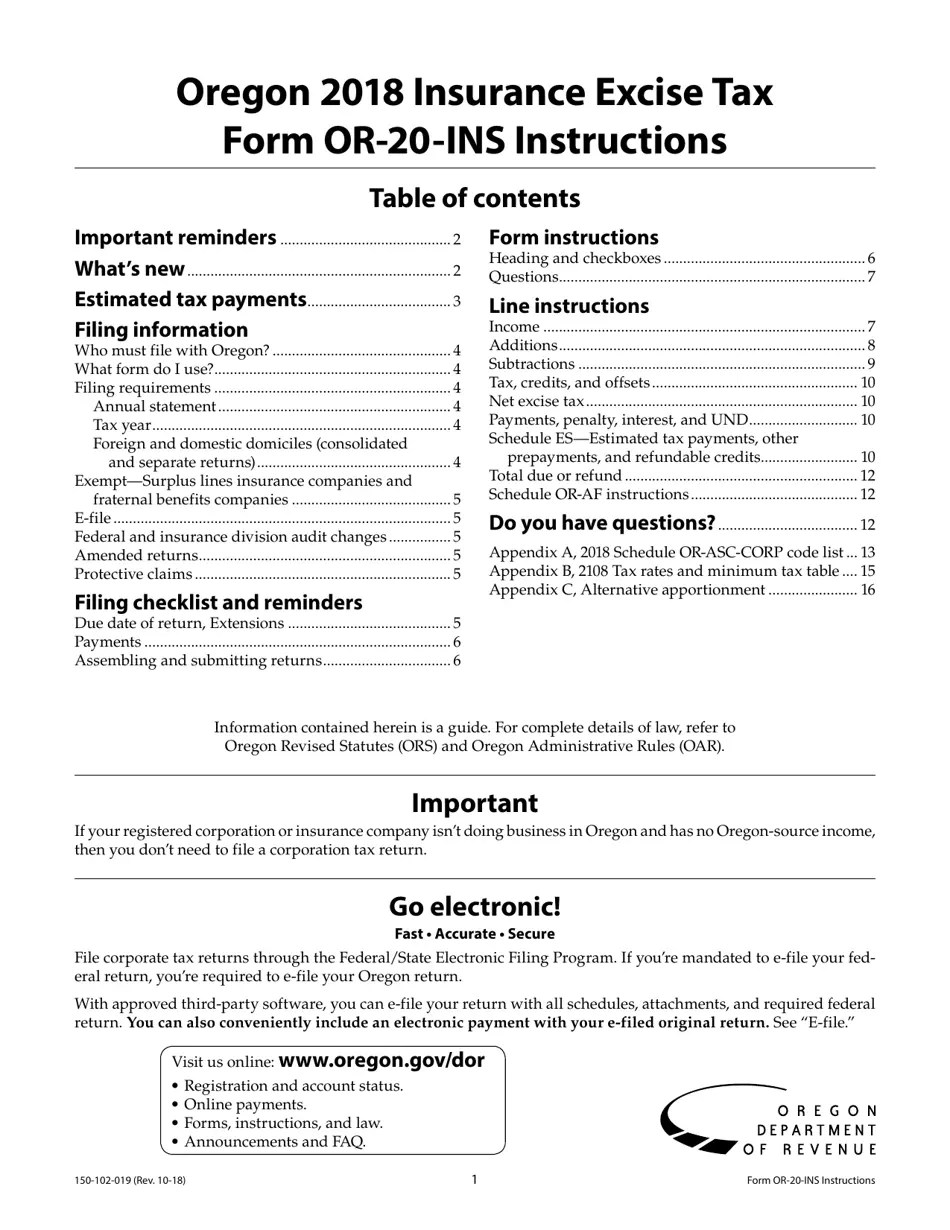 Download Instructions for Form OR20INS Oregon Insurance Excise Tax