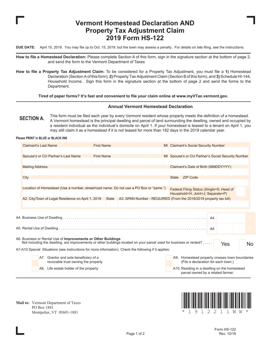 VT Form HS122 2019 Fill Out, Sign Online and Download Fillable PDF