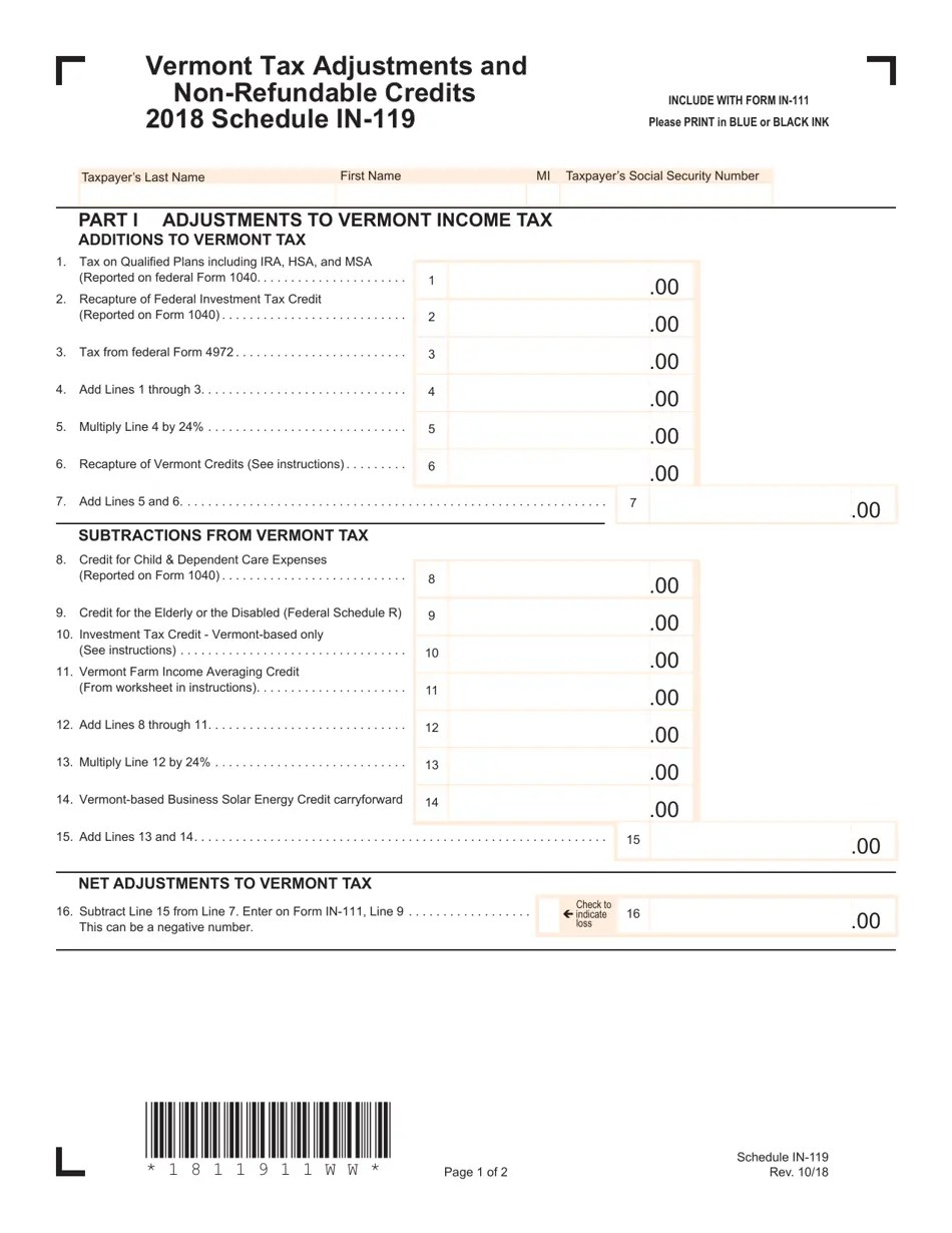 2018 Vermont Vermont Tax Adjustments and Nonrefundable Credits Fill