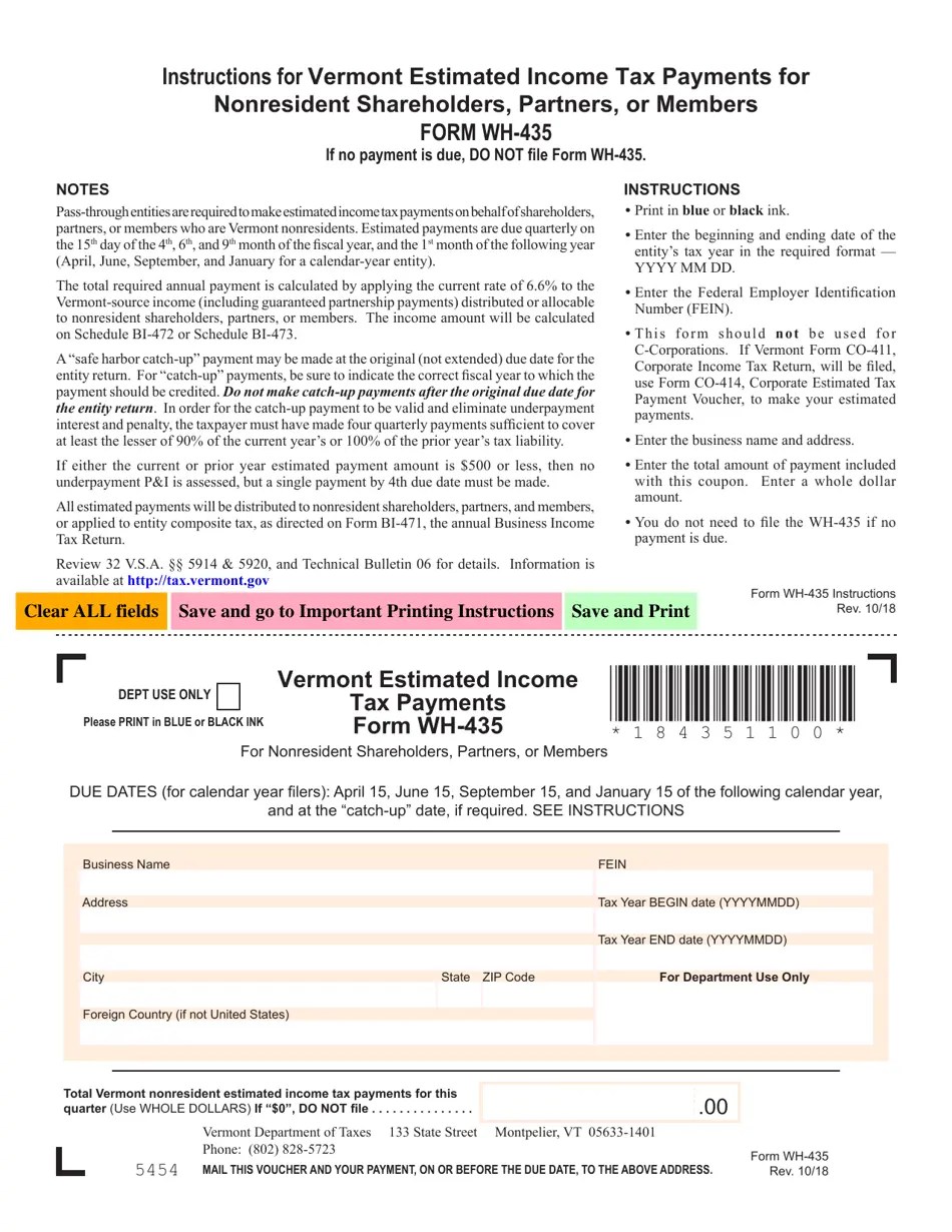 VT Form WH435 Download Fillable PDF or Fill Online Estimated