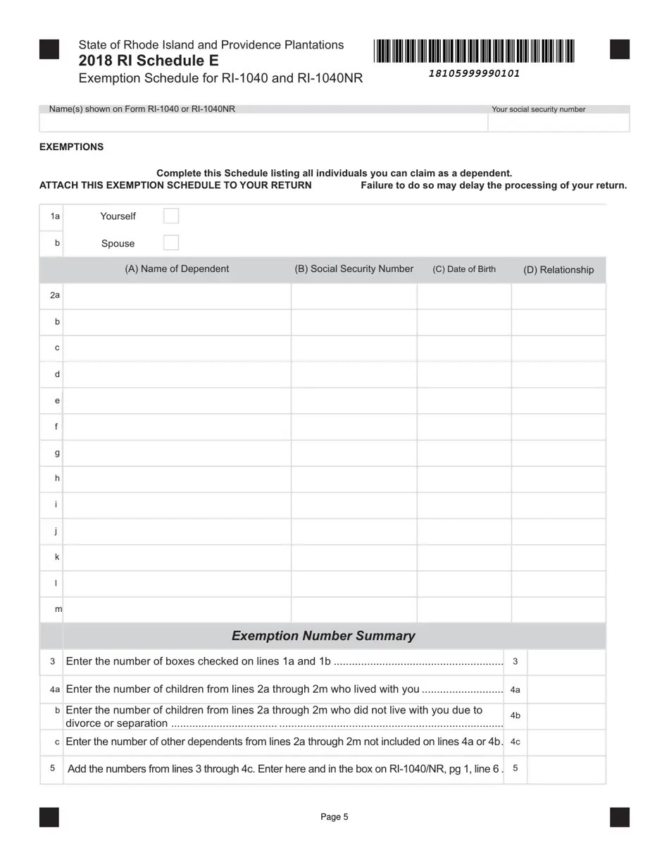2018 Rhode Island Exemption Schedule for Ri1040 and Ri1040nr Fill