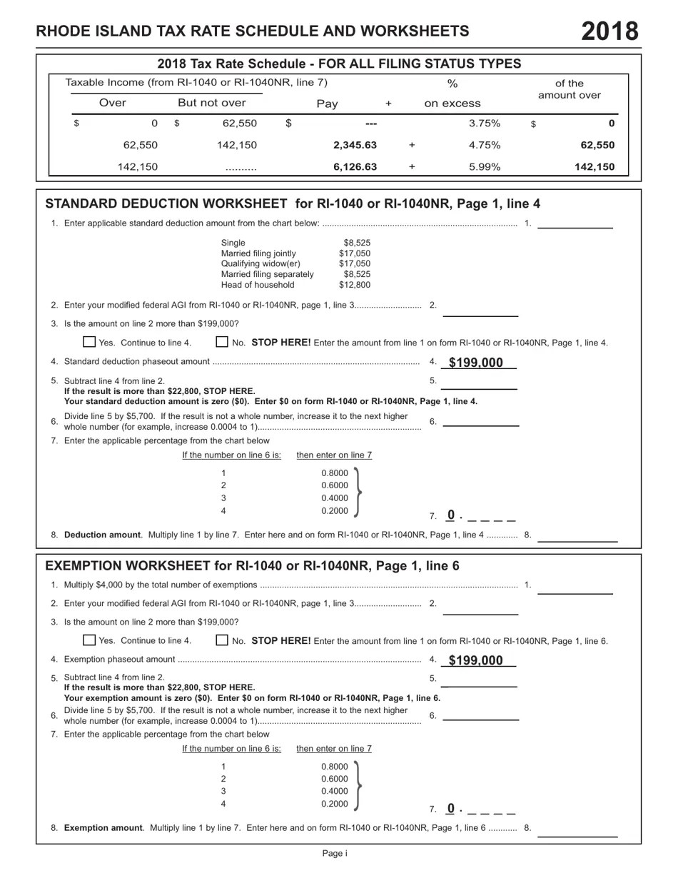 2018 Rhode Island Tax Rate Schedule and Worksheets Fill Out, Sign