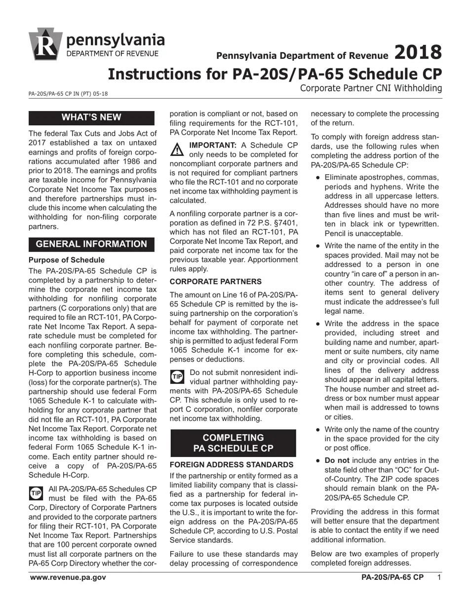 Form PA20S (PA65 CP) Schedule CP 2018 Fill Out, Sign Online and