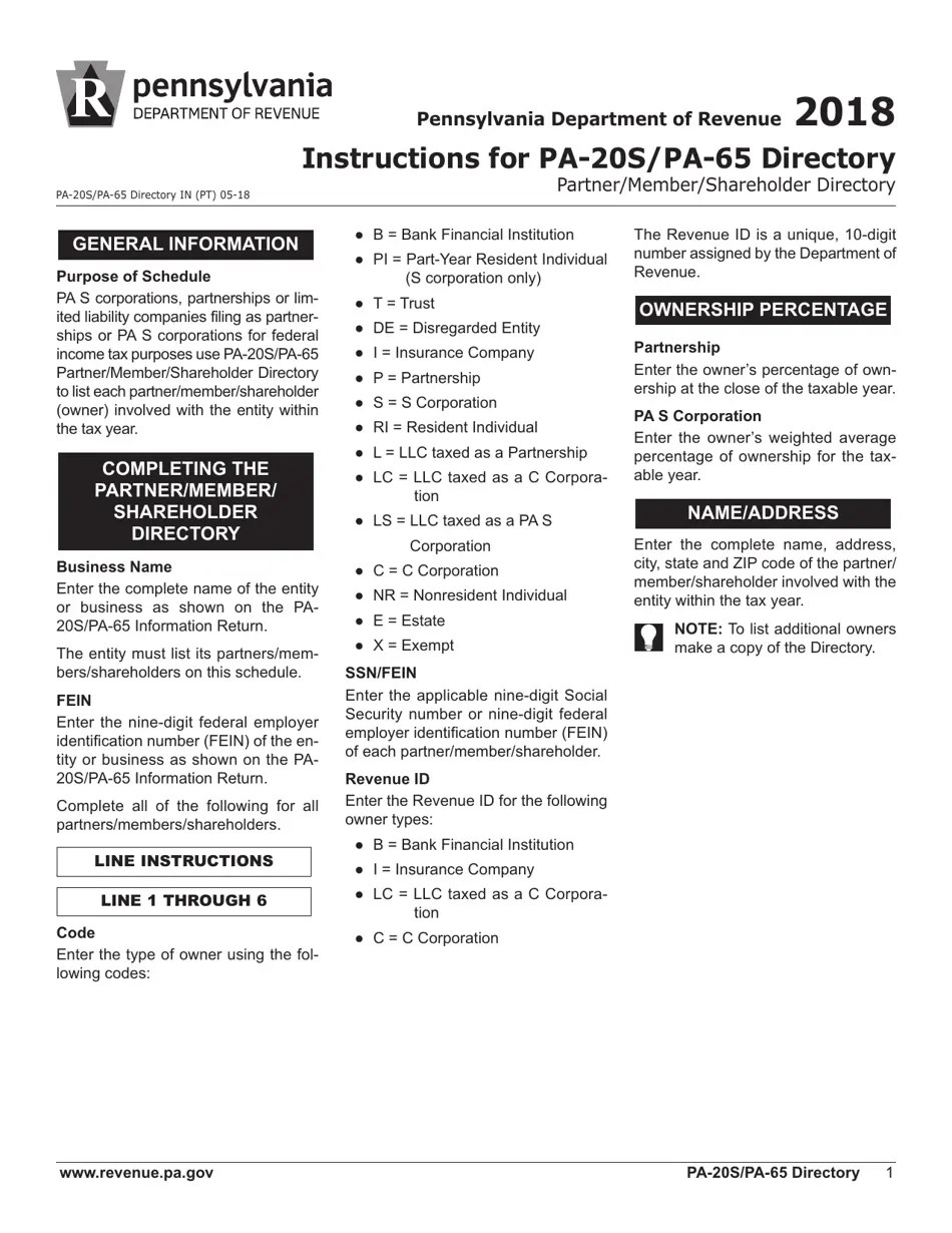 Form PA20S (PA65 P/M/D) 2018 Fill Out, Sign Online and Download Fillable PDF, Pennsylvania