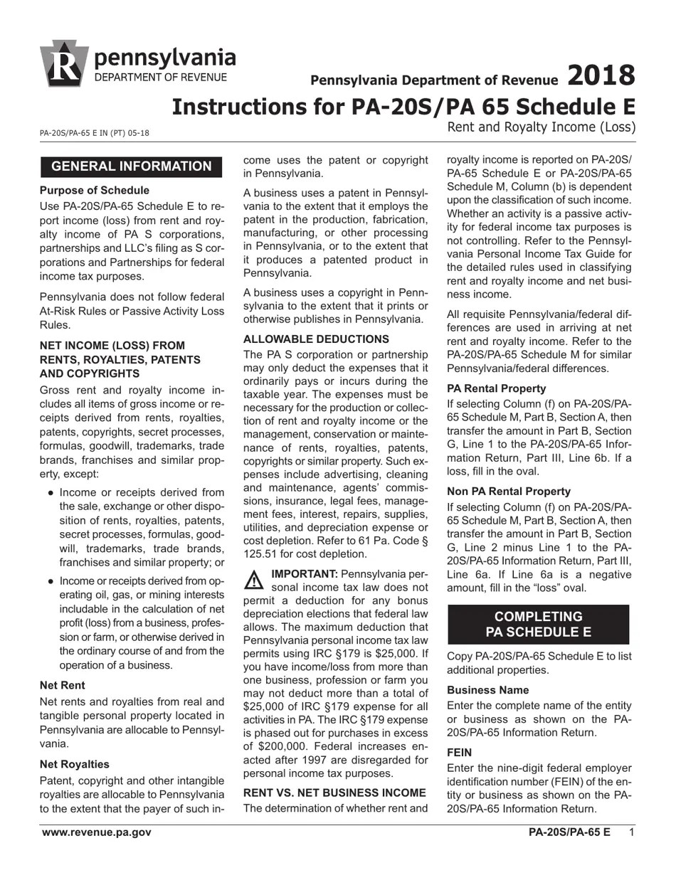 Form PA20S (PA65 E) Schedule E 2018 Fill Out, Sign Online and