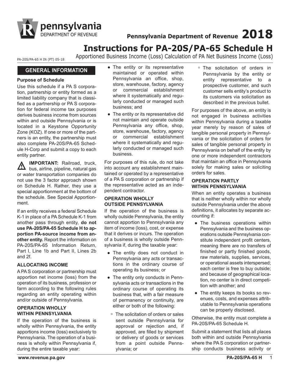 Form PA20S (PA65 H) Schedule H 2018 Fill Out, Sign Online and