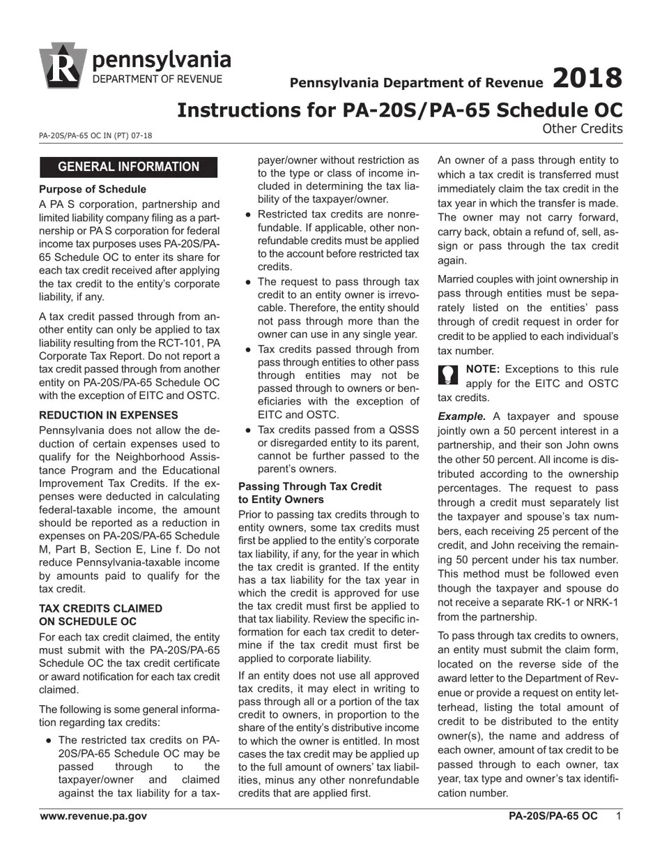 Form PA20S (PA65 OC) Schedule OC Download Fillable PDF or Fill Online