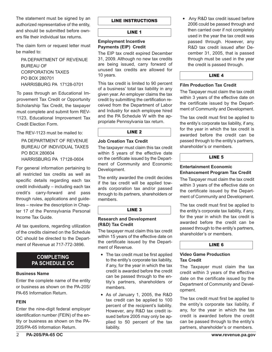 Form PA20S (PA65 OC) Schedule OC 2018 Fill Out, Sign Online and