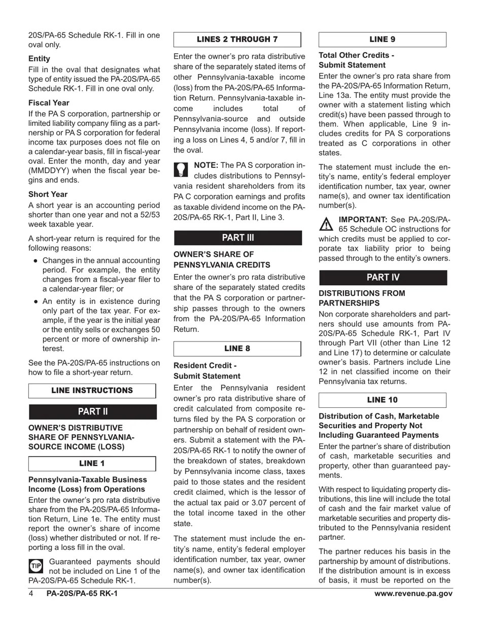 Form PA20S (PA65 RK1) Schedule RK1 2018 Fill Out, Sign Online and Download Fillable PDF