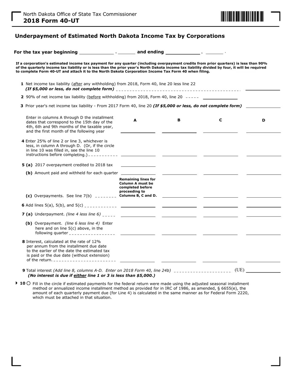 Form 40UT 2018 Fill Out, Sign Online and Download Fillable PDF, North Dakota Templateroller
