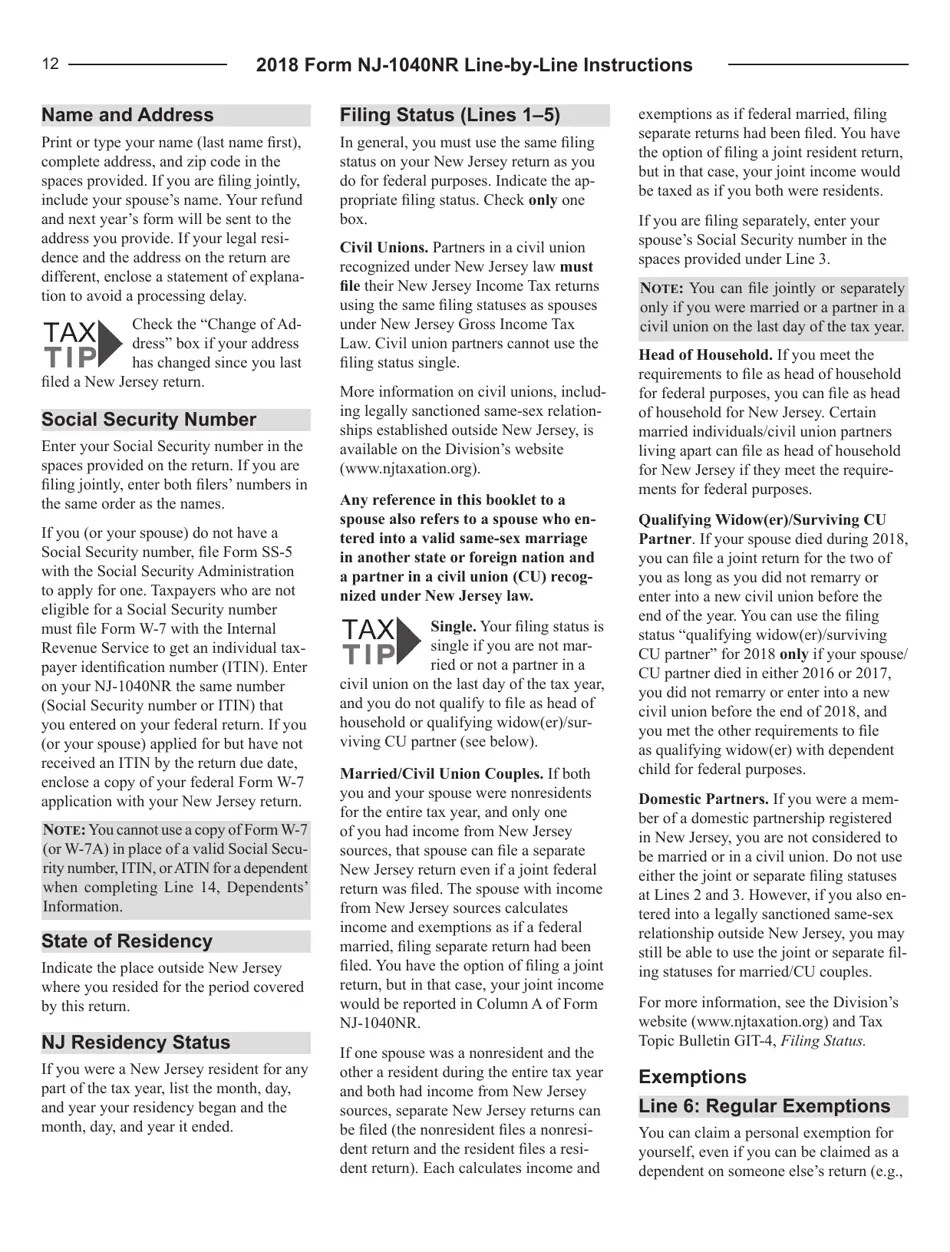 Download Instructions for Form NJ1040NR New Jersey Tax