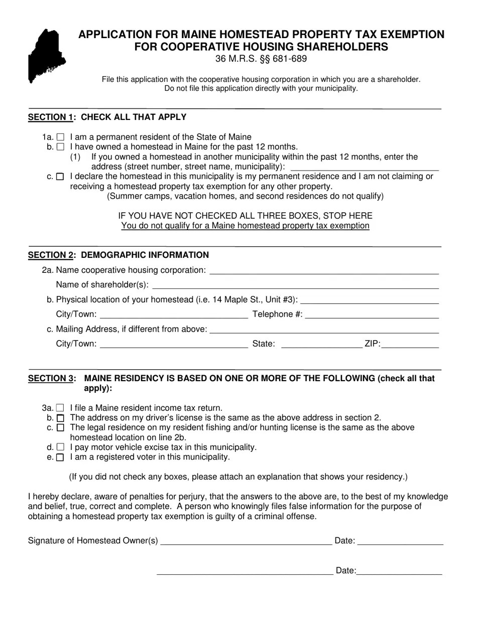 Maine Application for Maine Homestead Property Tax Exemption for