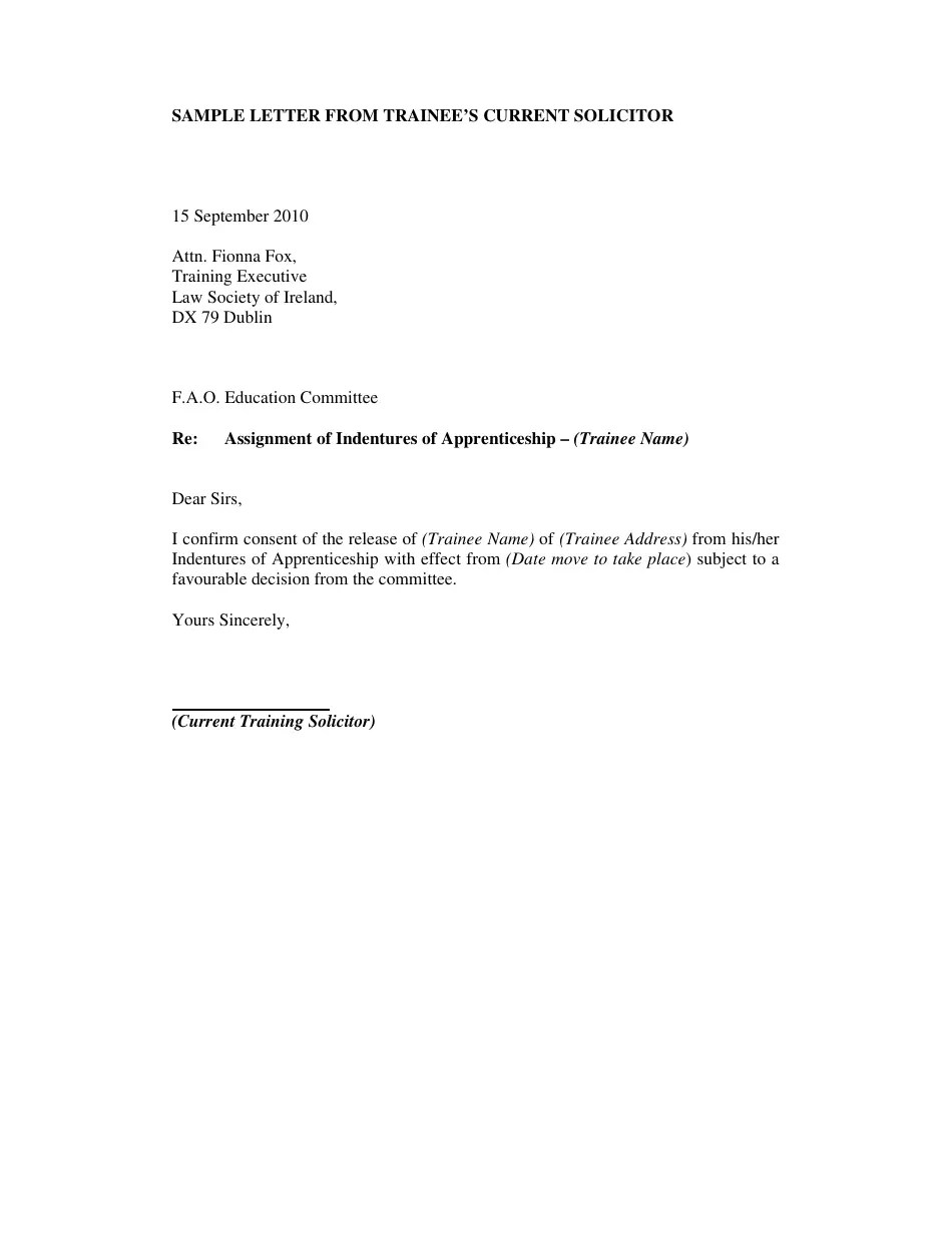 Dublin Ireland Sample Letter From Trainee to Education Committee