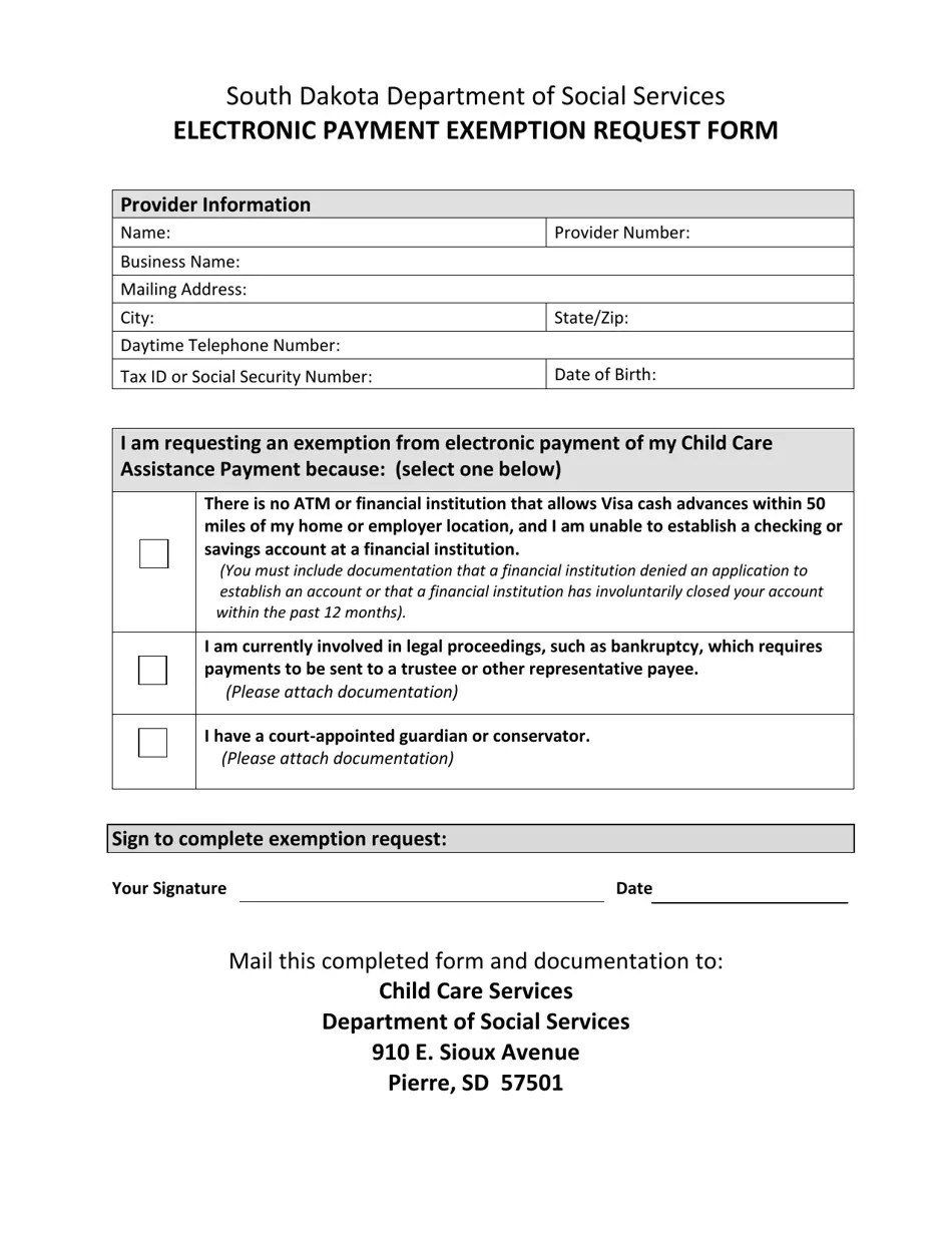 South Dakota Electronic Payment Exemption Request Form Fill Out, Sign