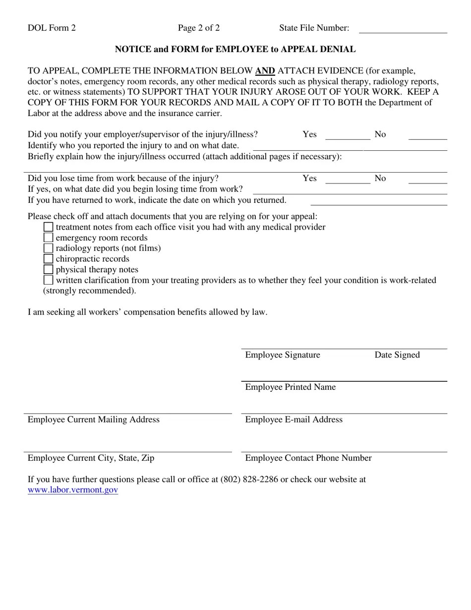 DOL Form 2 Fill Out, Sign Online and Download Fillable PDF, Vermont