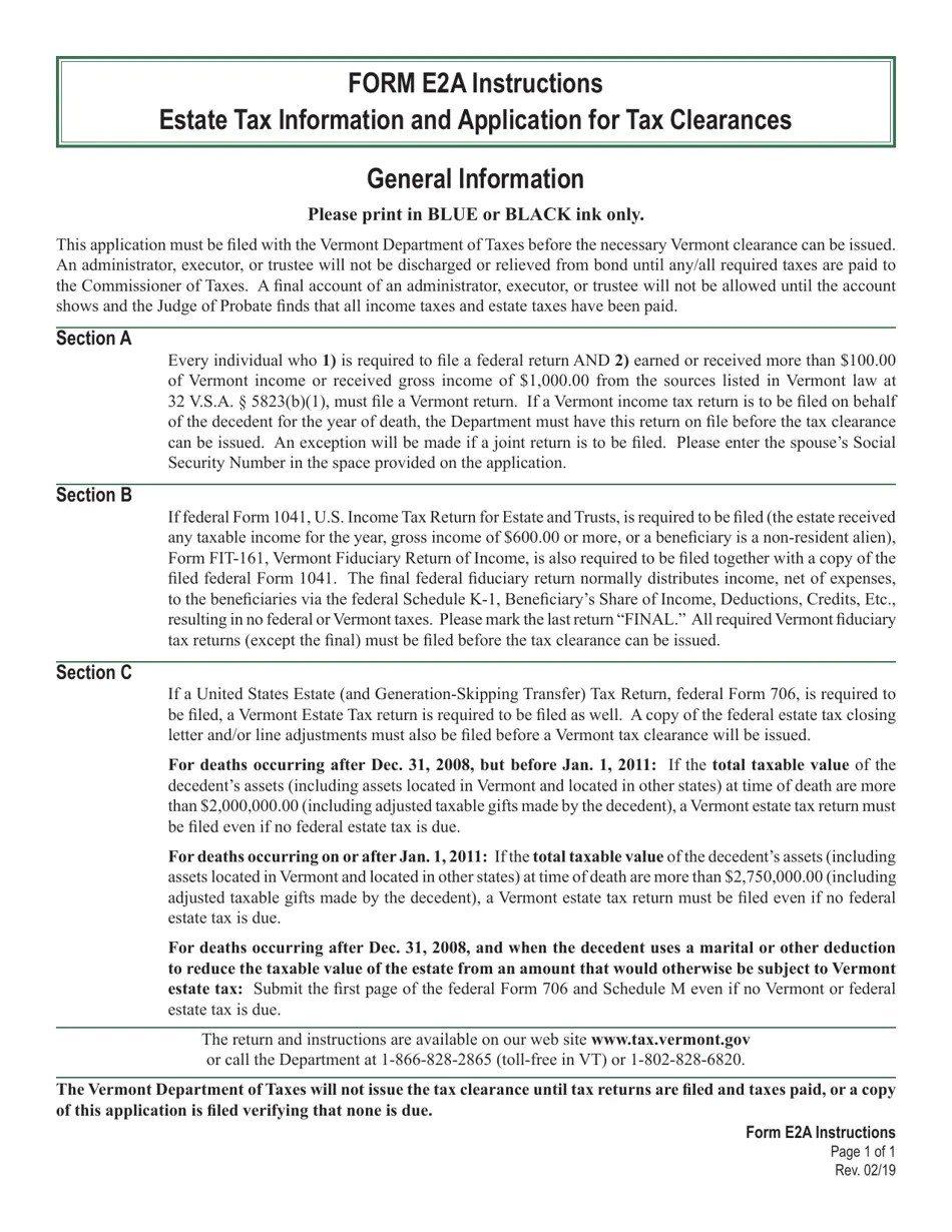 Download Instructions for VT Form E2A Vermont Estate Tax Information and Application for Tax
