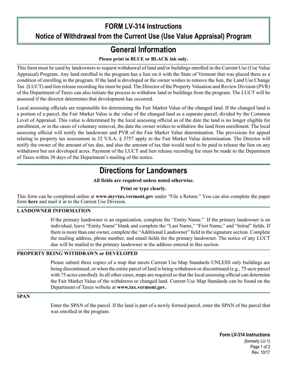 Download Instructions for VT Form LV314 Request for Withdrawal From