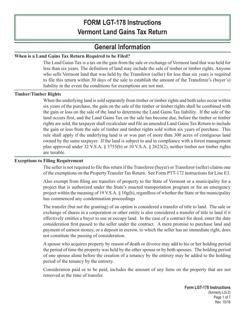 Download Instructions for VT Form LGT178 Vermont Land Gains Tax Return PDF Templateroller