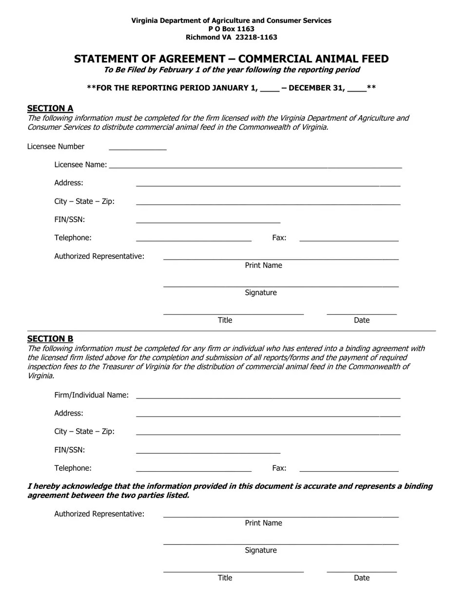 Virginia Commercial Animal Feed Statement of Agreement Fill Out, Sign Online and Download PDF