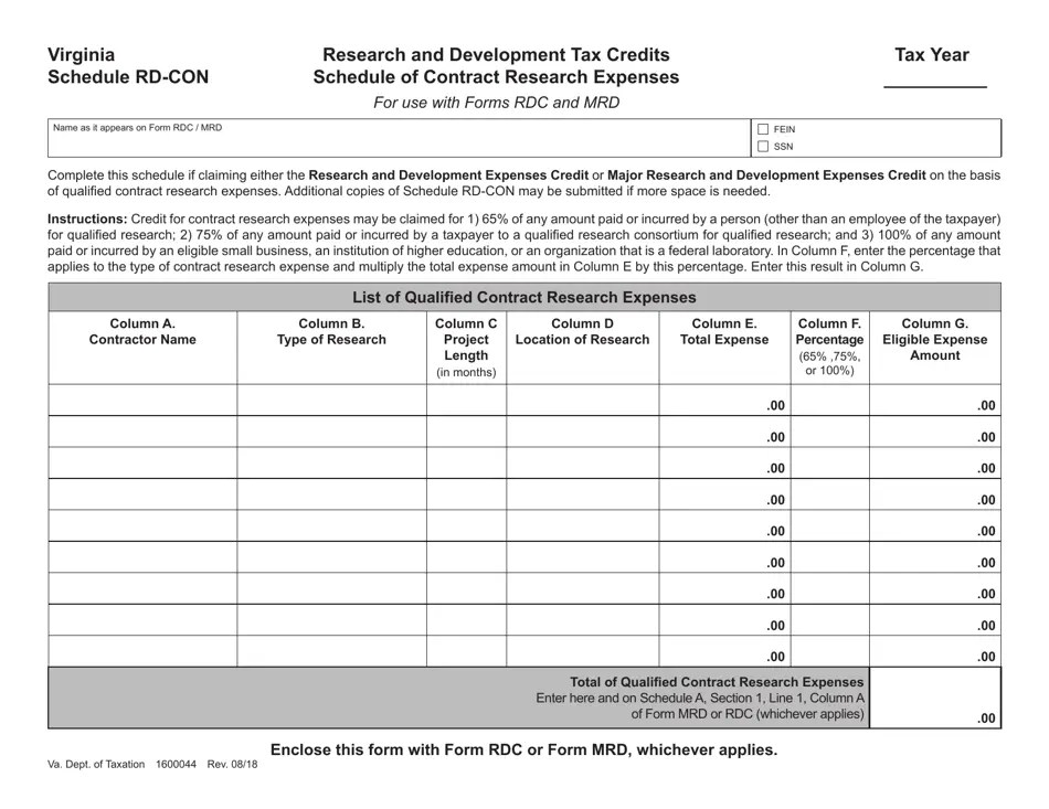 Virginia Research and Development Tax Credits Schedule of Contract