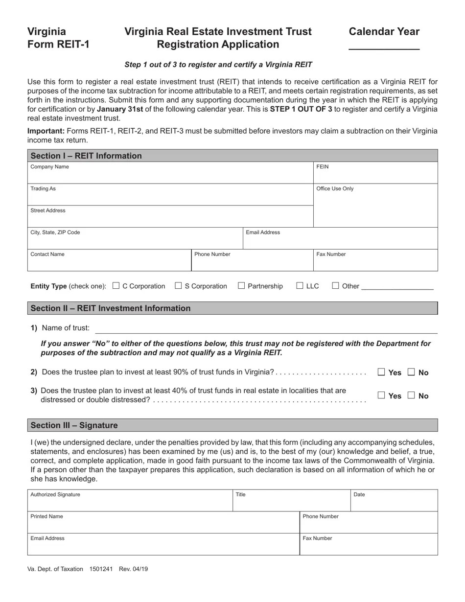 Form REIT1 Fill Out, Sign Online and Download Fillable PDF, Virginia