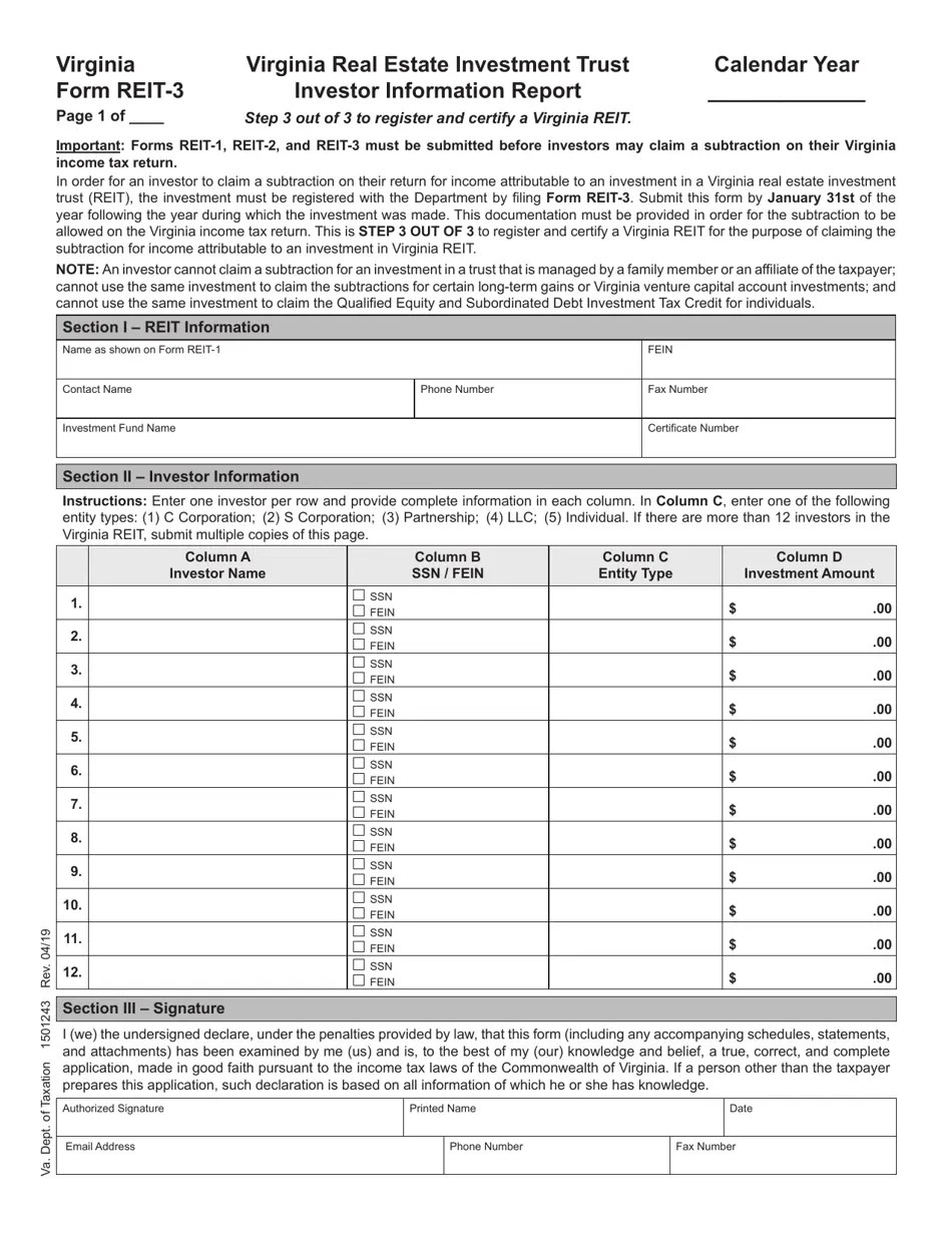 Form REIT3 Fill Out, Sign Online and Download Fillable PDF, Virginia