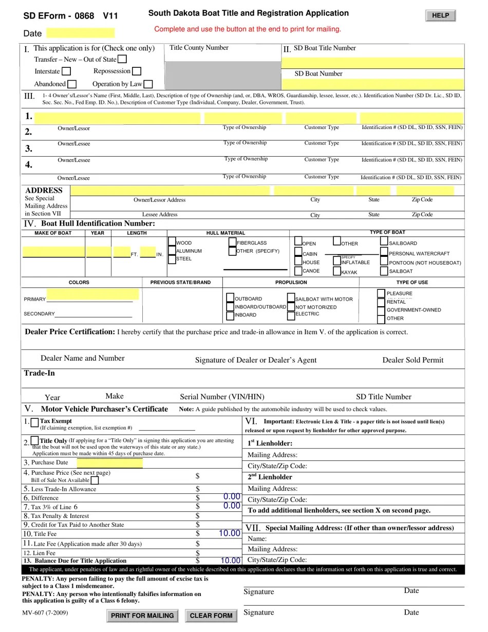 SD Form 0868 (MV607) Fill Out, Sign Online and Download Fillable PDF, South Dakota
